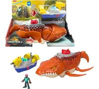 Fisher-Price Imaginext Jurassic World Rebirth Aquachomp Chase Mosasaurus 18-inch Dinosaur Toy with 3-inch Action Figure, Launcher Boat & 2 Projectiles, JFR23