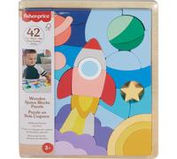 Fisher-Price Preschool Toy Wooden Space Jigsaw Puzzle with Stacking Blocks 42 Wood Pieces for Sorting Play Ages 3+ Years