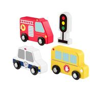Fisher-Price Toddler Toys Wooden Vehicle Pack, 4-Piece Wood Set with Fire Truck, School Bus & Police Car for Kids Ages 2+ Years, JCY32