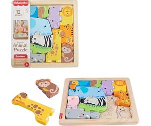 Fisher-Price Wood Animal Puzzle Toddler Toy | 12 Wooden Blocks, Fine Motor Skills & Problem Solving, Preschool Kids Ages 2+ Years, JFG10