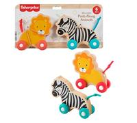 Fisher-Price Wood Baby Toys Push-Along Animals, Set of 2 Wooden Vehicles with Silicone Wheels for Crawling Play Infants Ages 6+ Months, JFN19