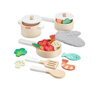 Fisher-Price Wood Kitchen Pretend Play Toy Pots & Pans Set, 19-Piece Playset Wooden, Metal & Fabric for Preschool Kids Age 3+ Years