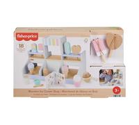 Fisher-Price Wood Pretend Play Toy Ice Cream Shop Set, 18-Piece Wooden Food Playset for Preschool Kids Ages 3+ Years, HXV21