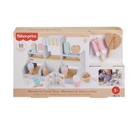 Fisher-Price Wood Pretend Play Toy Ice Cream Shop Set, 18-Piece Wooden Food Playset for Preschool Kids Ages 3+ Years, HXV21