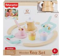Fisher-Price Wood Pretend Play Toy Tea Set 12-Piece Wooden Playset with Teapot Cups & Saucers for Preschool Kids Ages 3+ Years