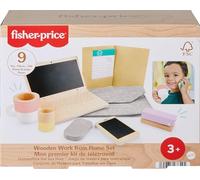 Fisher-Price Wood Pretend Play Work From Home Set, 9-Piece Office Playset with Wooden Toy Laptop & Phone for Preschool Kids Ages 3+ Years, HXV11