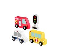 Fisher-Price Toddler Toys Wooden Vehicle Pack, 4-Piece Wood Set with Fire Truck, School Bus & Police Car for Kids Ages 2+ Years, JCY32