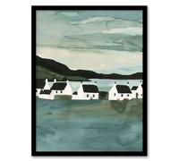 Fisherman Cottages Scotland Seaside Watercolour Framed Art Print Artery8 Green A4