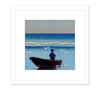 Fisherman Fishing in Small Boat Sunny Day Seascape Oil Painting Square Wooden Framed Wall Art Print Picture 8X8 Inch Artery8 White One Size