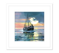 Fisherman Returns Oil Painting Fishing Boat Dusk Ocean Peaceful Pink Square Wooden Framed Wall Art Print Picture 8X8 Inch Artery8 White One Size