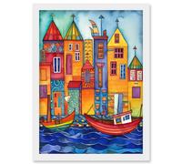 Fisherman's Wharf Folk Art Watercolour Painting Artwork Framed Wall Art Print A4 Artery8 White One Size