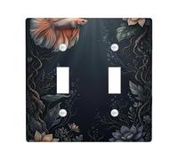 Fishes Double Light Switch Cover Plate, Aquatic Nature Flowers Leaves Summer Dark Blue Plastic Standard Size Decorative Wall Plates for Bedroom Bathroom Kitchen Entrance Decor