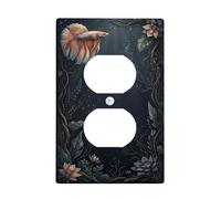 Fishes Duplex Outlet Covers Wall Plate, Aquatic Nature Flowers Leaves Summer Dark Blue Plastic Standard Size Double Power Outlet Cover Plate for New Apartment Home Bedroom Office Decor
