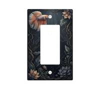 Fishes Single Rocker Light Switch Cover, Aquatic Nature Flowers Leaves Summer Dark Blue Plastic Standard Size Decorative Wall Plates for Home Living Room New Apartment Decor