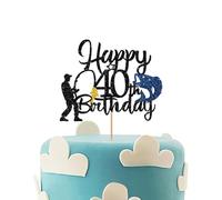 Fishing 40th Birthday Cake Topper, Fish Happy 40th Birthday Cake Topper for Men, Fishing Enthusiast 40th Party Decoration, Men's 40th Birthday Party Supplies - Black Glitter