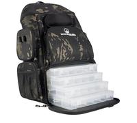 Fishing Backpack with Tackle Boxes, Rod Holders, 7 Zippered Storage Pockets and Water-Resistant Cover - Tactical Backpack Tackle Bag for Fishing Gear and Equipment by Wakeman Outdoors (Camo Black)
