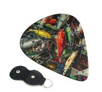 Fishing Bait Printed Guitar Picks, 6 Pack with Leather Keychain Pick Holder - 0.46mm, 0.71mm, 0.96mm Assorted Thickness for Acoustic Ukulele, Electric Guitar, Acoustic Guitar, Bass
