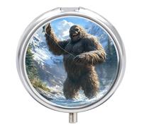 Fishing Bigfoot Fisher Funny Round Pill Organizer Travel Pharmacy Box Portable Medicine Case with 3 Compartments