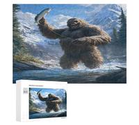 Fishing Bigfoot Fisher Funny Wooden Puzzle with Storage Box Adults Jigsaw Puzzles Challenge for Family Game Birthday Gift