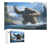 Fishing Bigfoot Fisher Funny Wooden Puzzle with Storage Box Adults Jigsaw Puzzles Challenge for Family Game Birthday Gift