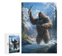 Fishing Bigfoot Fisher Funny Wooden Puzzle with Storage Box Adults Vertical Jigsaw Puzzles Challenge Gift for Family Game
