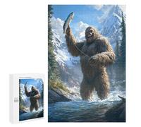 Fishing Bigfoot Fisher Funny Wooden Puzzle with Storage Box Adults Vertical Jigsaw Puzzles Challenge Gift for Family Game