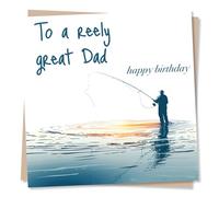 Fishing Birthday Card for Dad - Reely Great, Silhouette, from Kids | for Grandad, Stepdad, Him, Men, Uncle, Husband, Angler - from Son, Daughter - Blue, Sunset - Blank Inside, with Envelope