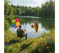 FISHING BIRTHDAY CARD WITH A FISHERMAN REELINGIN A LARGE CARP WEARING A PARTY HAT WITH A BIRTHDAY GIFT AND PARTY BLOWER - LARGE A5 GREETINGS CARD WITH GOLD ENVELOPE, DIAMANTE AND INSERT