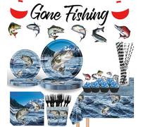 Fishing Birthday Party Decorations Tableware Set Serves 24 Guests, Gone Fishing Supplies for Boy Includes Plates, Napkins, Cups, Tablecloth, Cupcake Toppers, Banner for Fishing Party Decorations