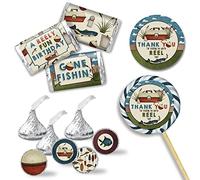 Fishing Birthday Party Sticker Bundle Kit - 429 pieces!! Includes 60 2" Circle Gift Tag Labels, 45 Mini Candy Bar Wrappers, & 324 Round Candy Kiss Stickers for Favors & Goodie Bags, by Amanda Creation