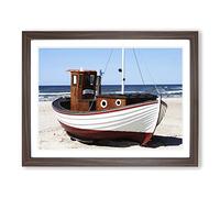 Fishing Boat Lokken Denmark Beach & Seascape Modern Framed Wall Art Print, Ready to Hang Picture for Living Room Bedroom Home Office Décor, Walnut A4 (34 x 25 cm)