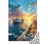 Fishing Boat Sunset Dock Jigsaw Puzzles Puzzle for Adults Kids. 1000 Pieces Great Gifts Challenge Toy Educational Game Home Decoration for Educational Games Gifts 70x50cm/1000pcs