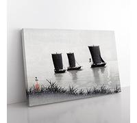 Fishing Boats By Ohara Koson Asian Japanese Canvas Wall Art Print Ready to Hang, Framed Picture for Living Room Bedroom Home Office Décor, 50x35 cm (20x14 Inch)
