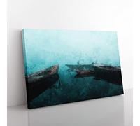 Fishing Boats In Varanasi India Painting Modern Art Canvas Wall Art Print Ready to Hang, Framed Picture for Living Room Bedroom Home Office Décor, 76x50 cm (30x20 Inch)