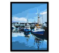 Fishing Boats Padstow Harbour Digital Painting Framed Art Print Artery8 Blue W12 inch x H16 inch
