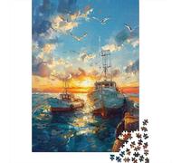 Fishing Boats Sunset Painting Jigsaw Puzzles Puzzles for Adults Kids. 1000 Piece Impossible Challenge Toy Educational Games Home Decoration for Educational Games Gifts 70x50cm/1000pcs