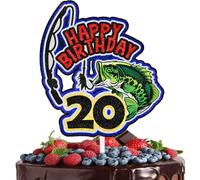 Fishing Cake Topper 20th Birthday Happy Bass Big Fish Decoration, Birthday Party for Men and Women, Fisherman Party, Anniversary Party Fishing Rod Decoration Supplies (20th)