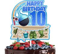 Fishing Cake Topper Kids 10th Birthday Happy Fishing Rod, Float Decoration, Boys and Girls Birthday Party, Fisherman Party the Big One Decoration Supplies (10th)