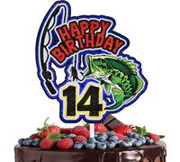 Fishing Cake Topper Teen 14th Birthday Happy Bass Big Fish Decorations, Birthday Party for Boys and Girls, Fisherman Party Fishing Rod Decorations, Great Party Supplies (14th)
