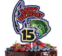 Fishing Cake Topper Teen 15th Birthday Happy Bass Big Fish Decorations, Birthday Party for Boys and Girls, Fisherman Party Fishing Rod Decorations, Great Party Supplies (15th)