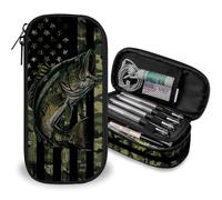 Fishing Camouflage American Flag Bass Fish Large Pencil Case Big Capacity Camo Pencil Pouch for Boys Girls Teen Women Men, Portable Kids Pencil Bag, Stationery Storage Pen Bag for School Office