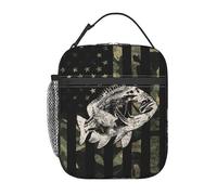 Fishing Camouflage American Flag Bass Lunch Box, Portable Insulated Lunch Bag with Detachable Handle,Reusable Lunchbox for Boys Girls Men Women Adults