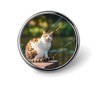 Fishing Cat Round Badge Brooch Lightweight Lapel Tie Pins Unique Gifts Metal Brooch Badge For Hat Shirt Clothing Bags Decoration