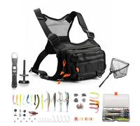 Fishing Chest Pack Vest Bag w/ Fish Floating Landing Net, Tackle Box, Fishing Lures Kit, Hook Remover, Fish Lip Gripper, Fishing Plier Friendly for Beginners Gifts for Men (w/ Fish Net) (Black)