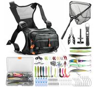 Fishing Chest Pack Vest Bag w/ Fish Floating Landing Net, Tackle Box, Fishing Lures Kit, Hook Remover, Fish Lip Gripper, Fishing Plier Friendly for Beginners Gifts for Men (w/ Fish Net) (Green)