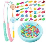 Fishing Game for Kids, 58 PCS Magnetic Fishing Game Set with 2 Pole Rods, 2 Net, 1 Inflatable Pool, 1 Inflator, 52 Toy Fish, Paddling Pool Toys for 3 4 5 6 Year Old Toddlers