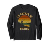 Fishing I'd Rather Be Fishing Retro Sunset Fisherman Long Sleeve T-Shirt