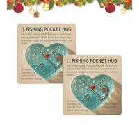 Fishing Lover Pocket Hug with Card, Handcrafted Sea Glass Heart Token with Fishing Rod and Fish Design, Inspirational Pocket Hug for Fishing Lover, Fishermen, Anglers, Fisher Dad (2PC)