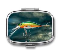 Fishing Lure Style Pill Box 2 Compartments Portable Travel Pill Case Mini Medicine Organizer for Pocket Purse Metal Waterproof Medicine Container Holder Vitamin Fish Oil