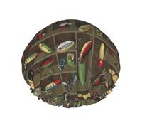Fishing Lure Style Print Reusable Double Layer Shower Hat Elastic Band Design, Fits Most Head Sizes